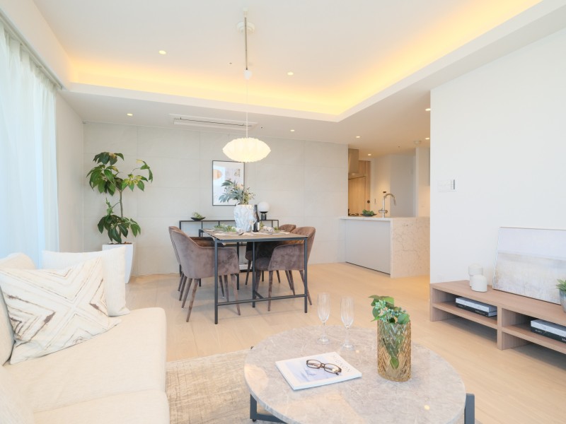 LDの天井は折り上げ天井となっており、空間に広がりや奥行きを生み出し、開放感を演出しています。スタイリッシュな空間で、都市生活のやすらぎを深める快適な暮らしが叶う住まいです。