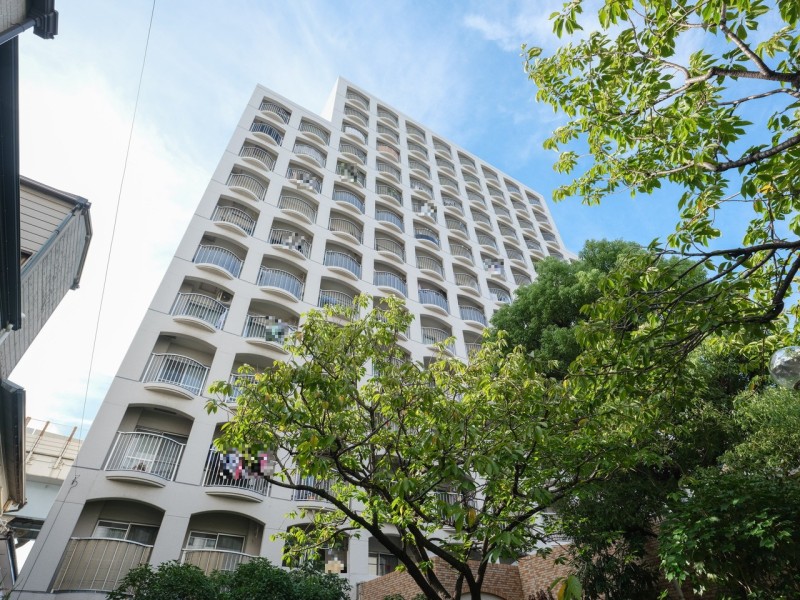 アール状のゆるやかな曲線が印象的な外観です。三菱地所(株)旧分譲・竹中工務店設計施工で、安心の新耐震基準適合マンションです。