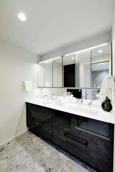 TOTO製エスクアを採用、クリスタルカウンターが上質な空間を演出しています。ダブルボウルで広々と使用でき、快適な朝の時間を過ごせます。収納たっぷりで整頓もしやすくなっています。