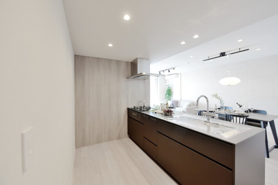 このお部屋に合わせて造られた田中工藝社製のオリジナルシステムキッチンを採用しました。食器洗い機も完備しており、家事の時短に役立ちます。シンクも広々としていて、家事もはかどります。