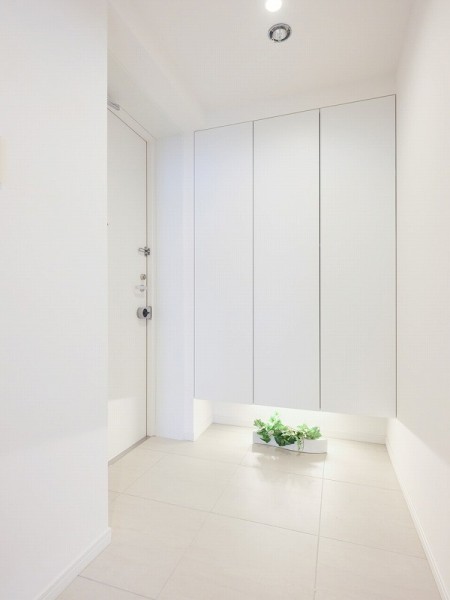 下階の玄関です。フットライトからのびる光が足元を優しく包み込みます。天井までの高さがあるシューズボックスを備え付けたので、玄関をすっきり綺麗に保てます。