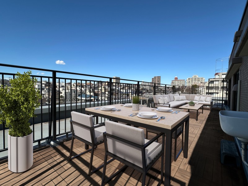 心地よい陽光を取り込み、空間をゆるやかに紡ぐバルコニーです。心がほっとするような光と心地よい風を感じ、日々をアップデートできそうです。チェアなどを置いてのびやかな時間を過ごすのもよさそうです。※家具やウッドデッキはイメージです。