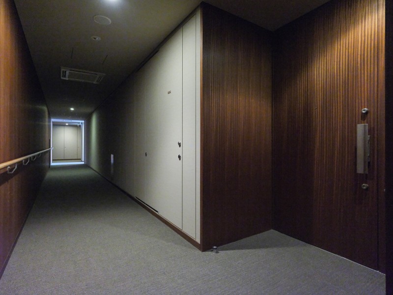 エレベーターを降りてお部屋へと続く廊下は、ホテルライクな内廊下設計です。外気の影響を受けにくく、プライバシーも守られやすいです
