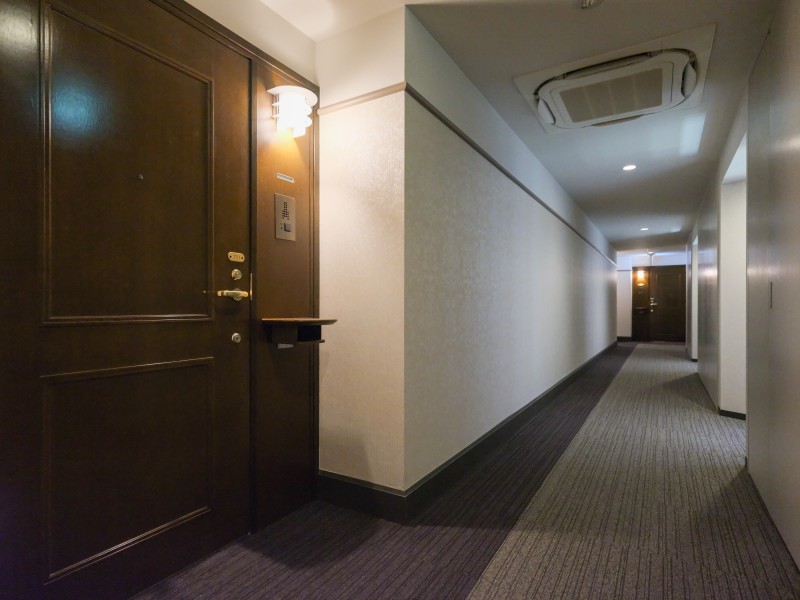 ヴィンテージ感のあるブラウンカラーの扉により更に格式高い空間となっております。各階にダストステーションがあり、高層階にお住まいでも快適にお過ごしいただけます。