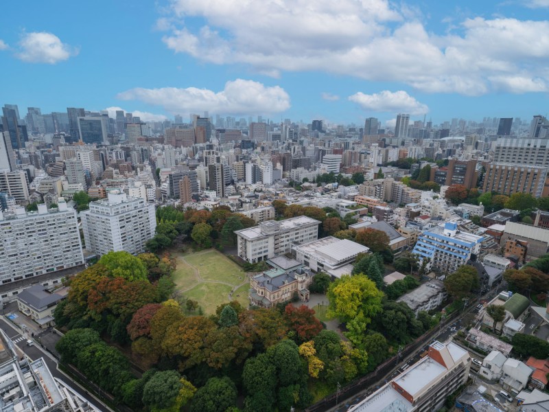 季節の移ろいを感じることができる空と都心の夜景を堪能できる眺望です。旧岩倉邸を眼下に望め、美しい緑とビル群のコントラストを楽しむことができます。四季折々の風景が生活に彩りを添えます。