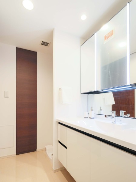 身支度の時間をも快適に彩る、美しく空間に溶け込む洗面化粧台です。三面鏡裏や足元の収納など使いやすさも兼ね備えております。