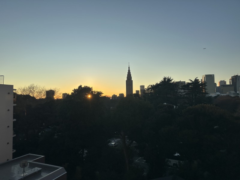 黄昏に染まる都心のスカイライン。シルエットとなって浮かび上がるビル群が、都心における静寂を感じさせる洗練された景色を作り出します。一日の終わりに、心安らぐ空の彩りを堪能いただけます。