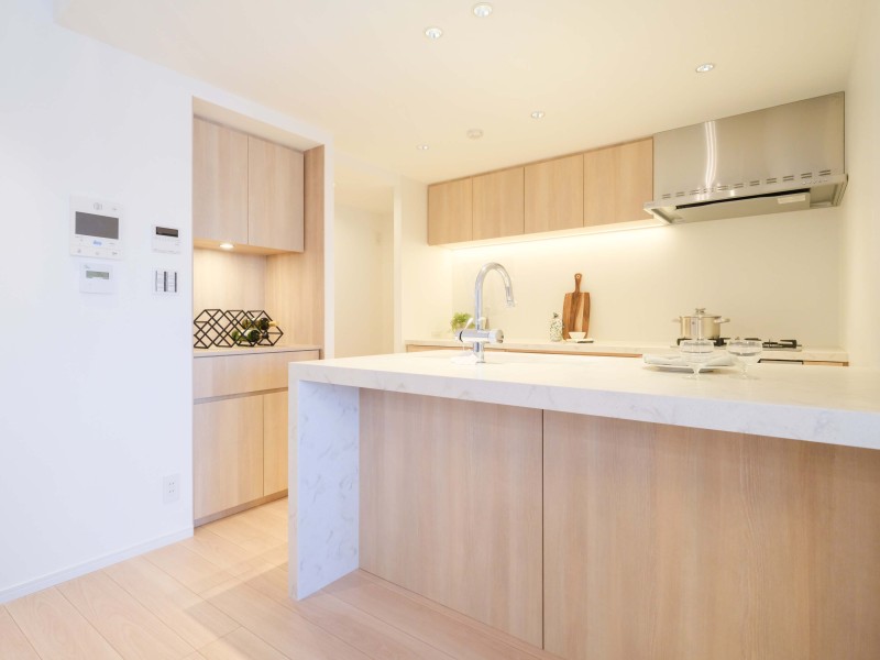 開放的な田中工藝製のオープンキッチンは、住まいと暮らしにフィットするデザイン性と機能性を兼ね備えています。間接照明がよりいっそう上質空間を創り出しします。