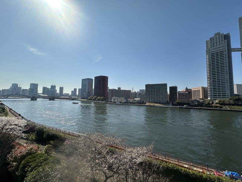 北西側のバルコニーより隅田川を望むことができます。開放的な大空と凛とした水の潤いを湛え、胸のすく眺めが日常になる住まいです。