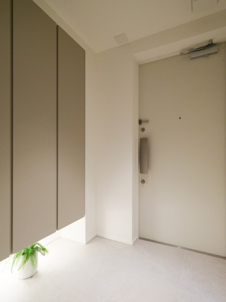 フットライトからのびる光が足元を優しく包み込む気品溢れる玄関です。玄関扉はプッシュプルハンドルなので重量物を持っている時も開閉が簡単です。